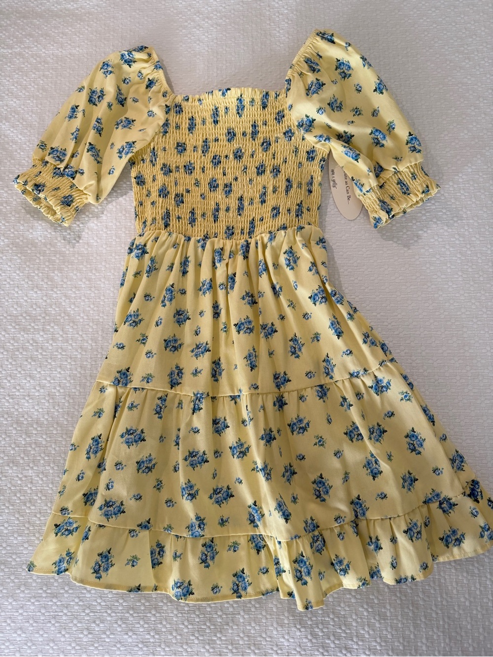 Nordstrom Yellow Floral Smocked Midi Dress with Blue Print Girls 12